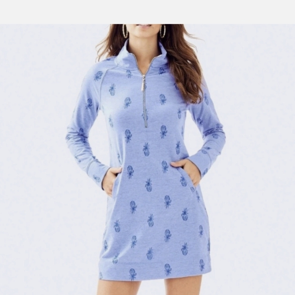 Lilly Pulitzer Skipper Popover Bennet Blue Pineapple Burnout Dress SZ.L